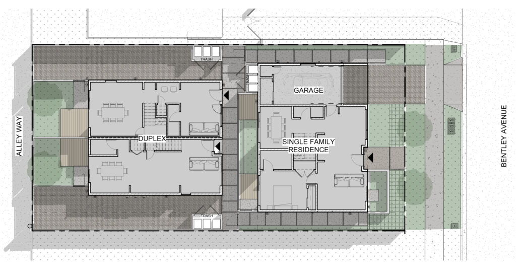 Architectural floor plan of Linked Living residences, illustrating the layout of single-family and duplex units in Los Angeles.