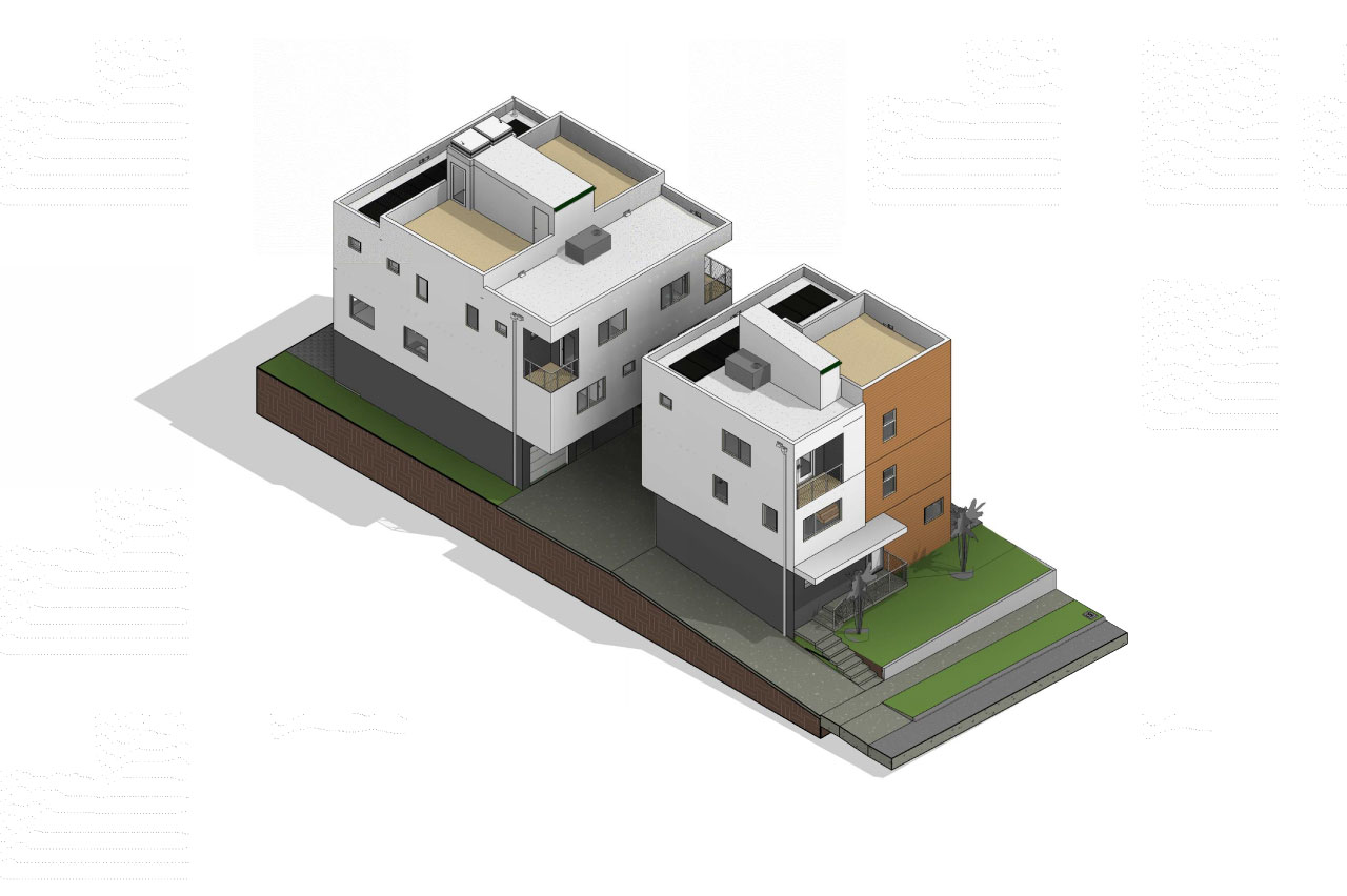 Isometric render of Neighborly Duo residences in Los Angeles, showcasing contemporary residential architecture with private roof decks.