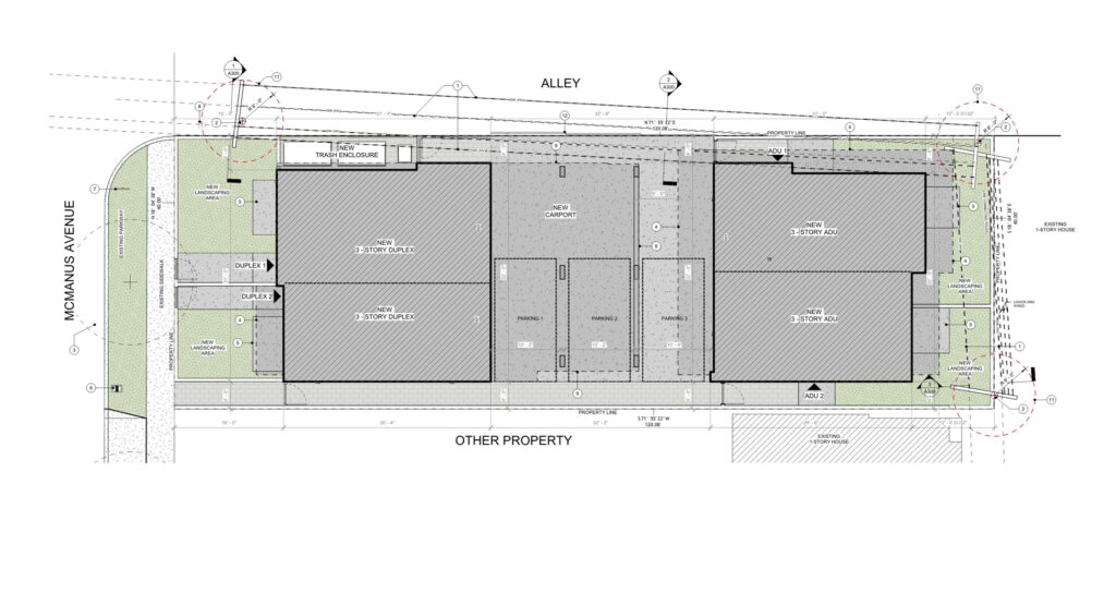 Architectural floor plan of Co Habitat project in Los Angeles, illustrating duplex and ADU layout with integrated green spaces.