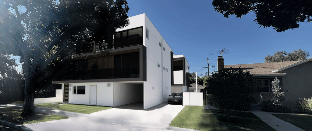 Exterior render of Double Feature duplex residences in Los Angeles, showcasing contemporary duplex architecture integrated into a walkable neighborhood.