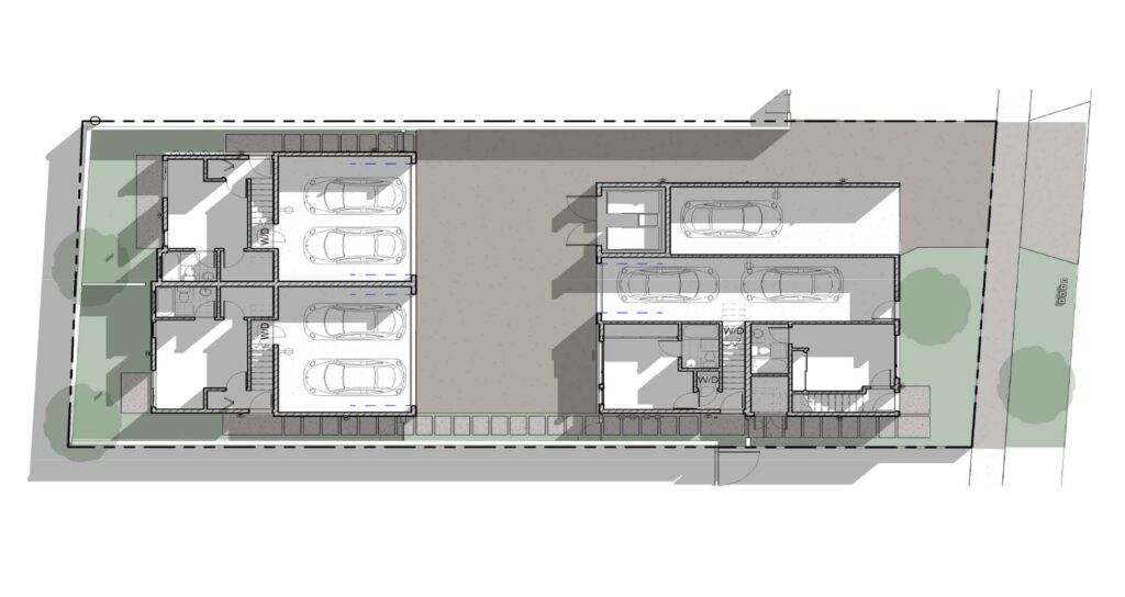 Site plan of Double Feature residential project in Los Angeles, showing modern duplex configuration with balconies and landscaped areas.