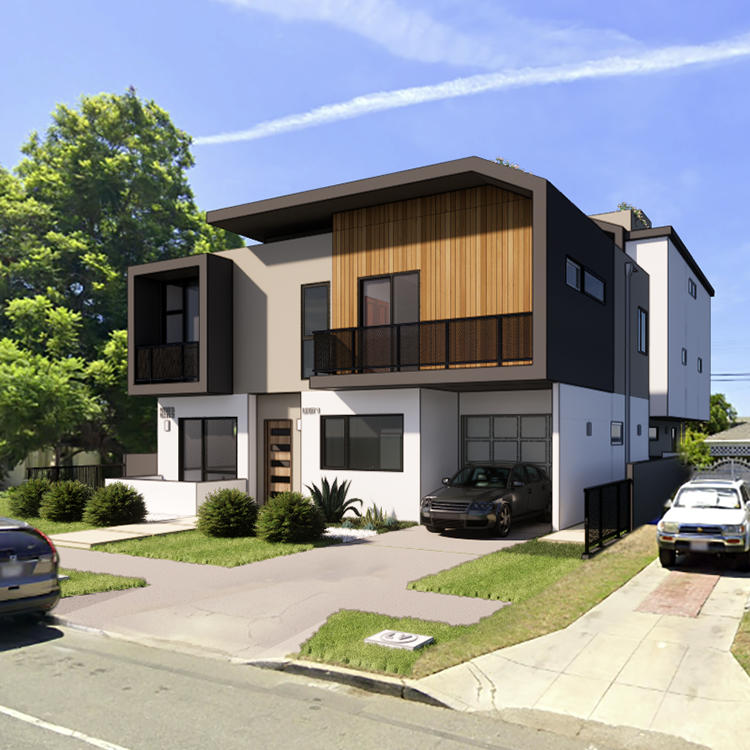 Exterior render of Linked Living project within its urban context, highlighting contemporary design and private outdoor spaces in Los Angeles.