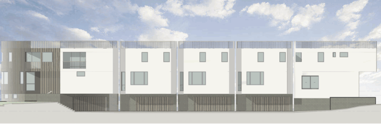 Side render of Coastal Living homes in Los Angeles, showcasing contemporary coastal residential architecture with wood rain screen cladding.
