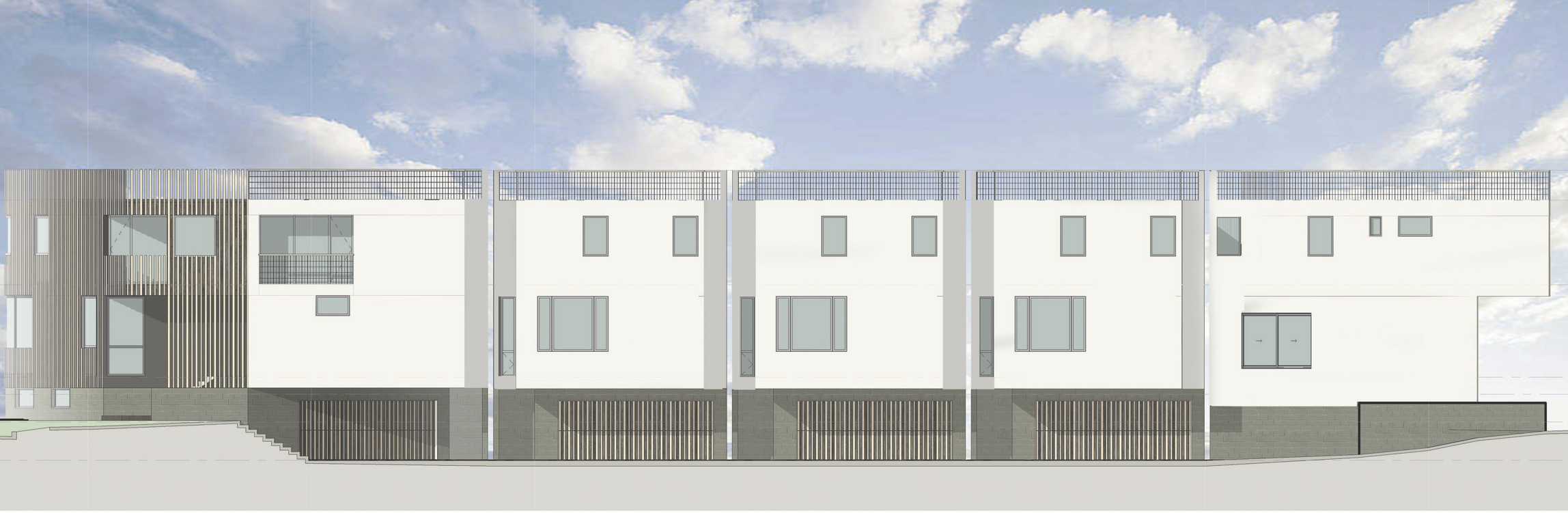 Side render of Coastal Living homes in Los Angeles, showcasing contemporary coastal residential architecture with wood rain screen cladding.