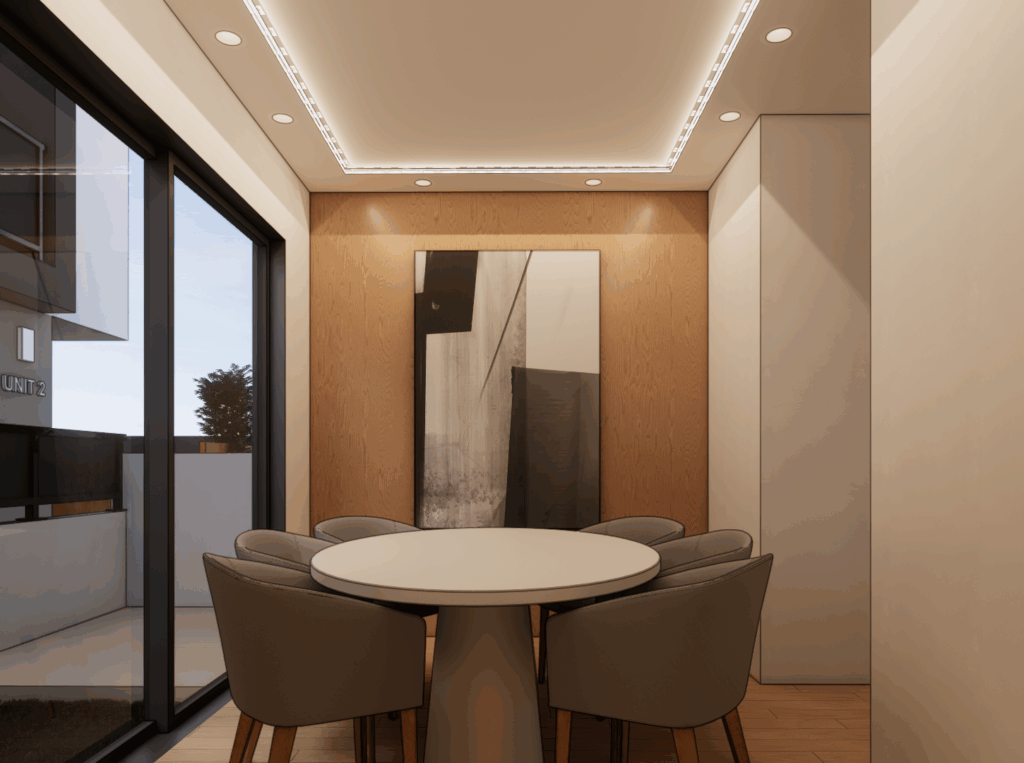 Dining area render of Linked Living project in Los Angeles, emphasizing open-plan contemporary living with seamless indoor-outdoor connection.