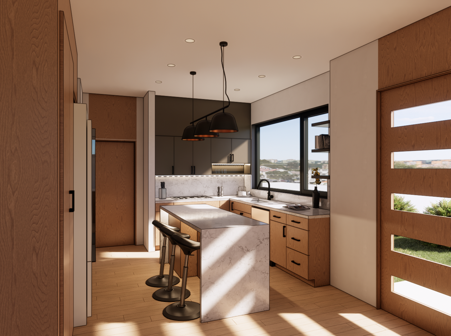Interior render of Linked Living kitchen, featuring modern residential design with natural light and functional finishes.