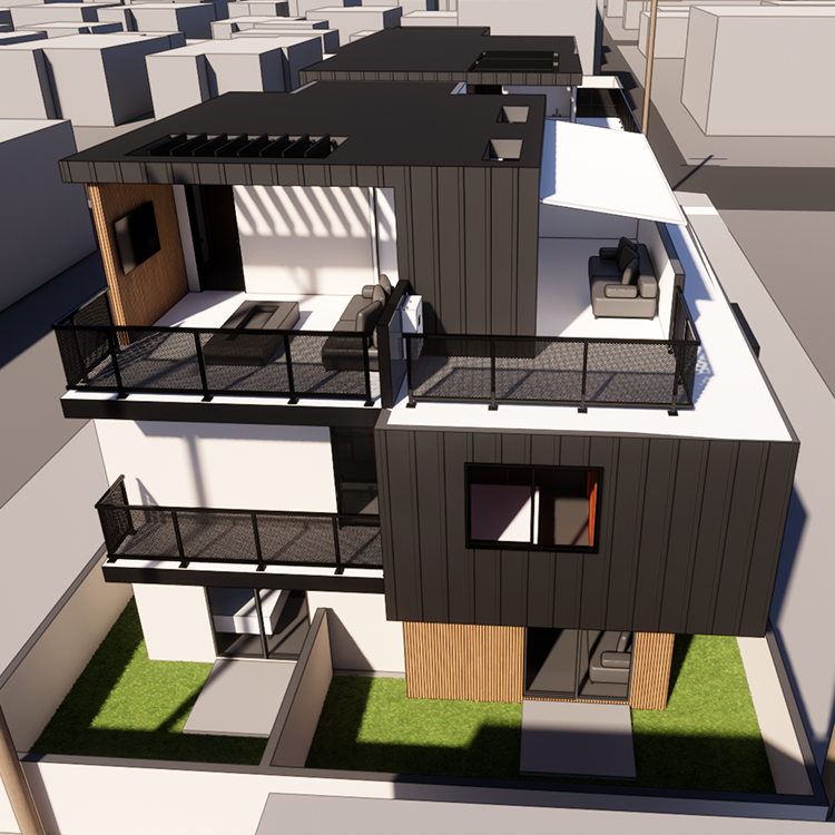 Aerial render of Co Habitat development, highlighting duplexes and ADUs with private yards and roof decks in Culver City.