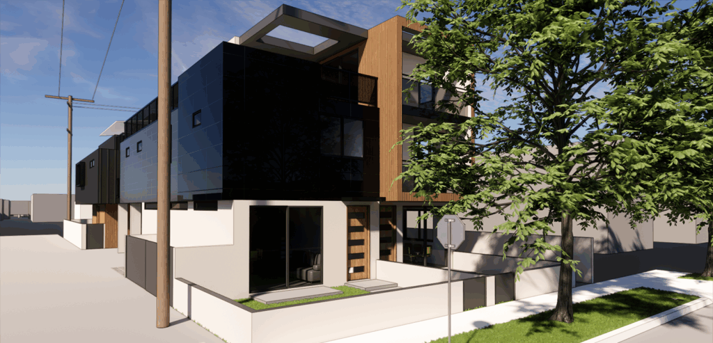 Exterior render of Co Habitat residential project in Culver City, showcasing modern multifamily architecture integrated into its urban neighborhood.