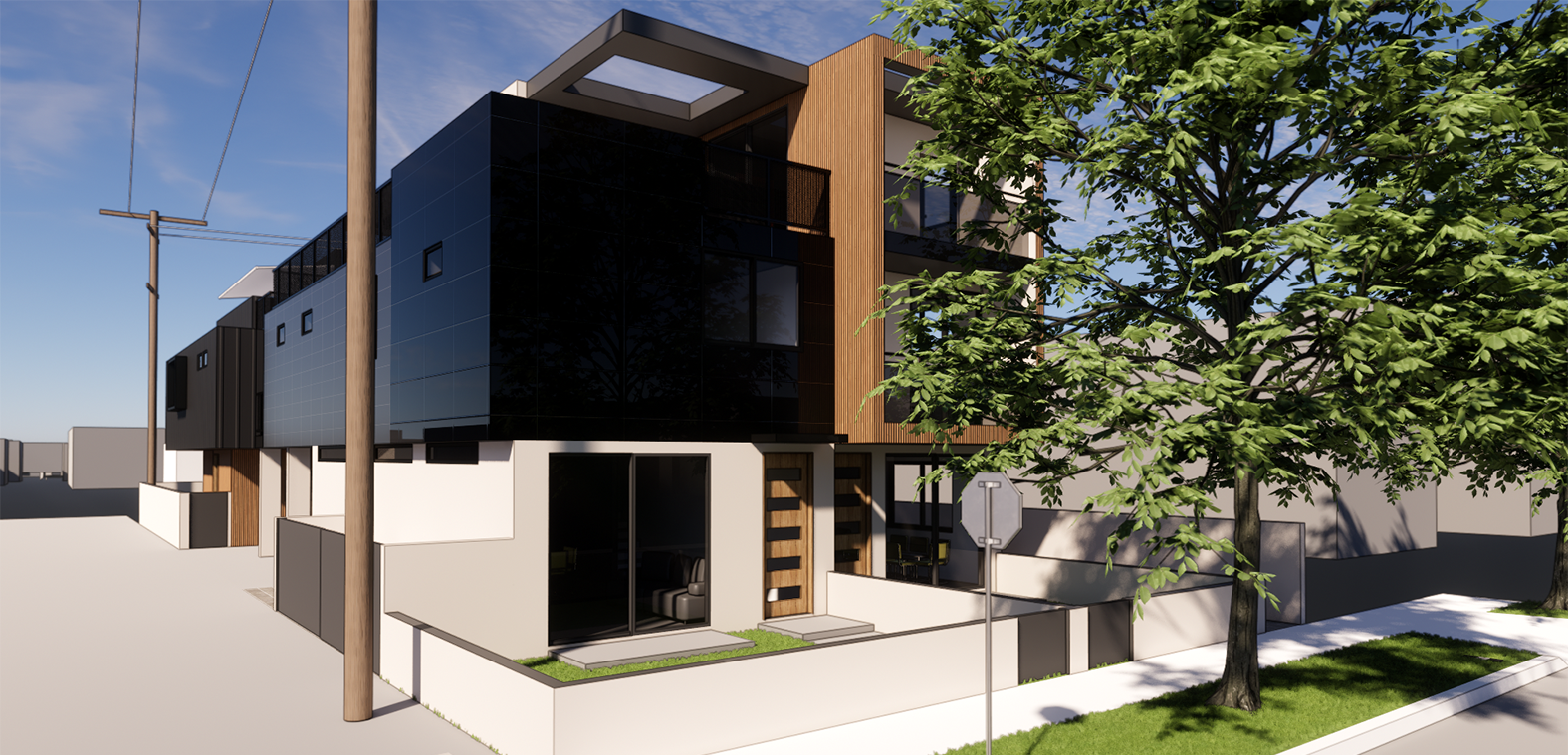 Exterior render of Co Habitat residential project in Culver City, showcasing modern multifamily architecture integrated into its urban neighborhood.