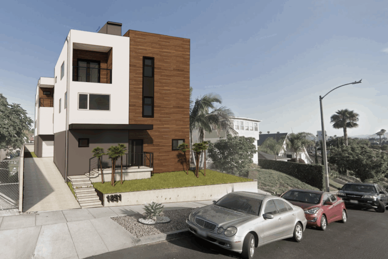 Render of Neighborly Duo residences in Los Angeles within their urban context, showing contemporary residential architecture integrated into the neighborhood setting.