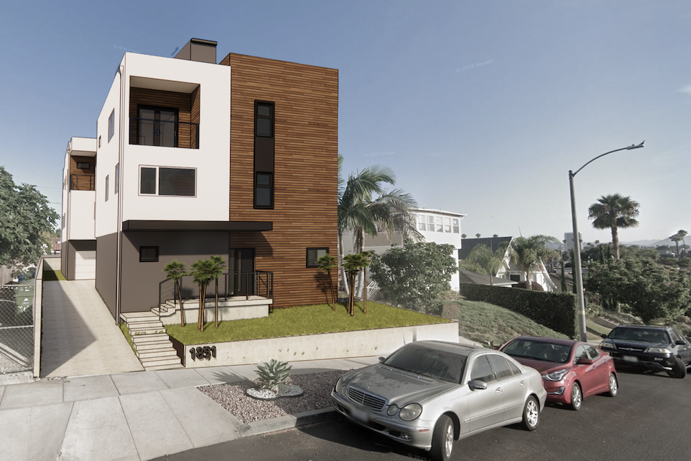 Render of Neighborly Duo residences in Los Angeles within their urban context, showing contemporary residential architecture integrated into the neighborhood setting.