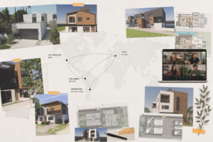 An artistic, scrapbook-style collage depicting a global architectural collaboration. * Background: A faint world map layout with curved lines connecting four marked city locations: Los Angeles, USA; Bogotá, Colombia; Buenos Aires, Argentina; and Milano, Italy. Visual Elements: Scattered around the map are taped-on photos and digital architectural renderings of modern, multi-story residential buildings featuring clean lines, wood paneling, and stucco exteriors. Blueprints, floor plans, site layouts, and a pen are also visible, suggesting a design process in action. The Team: On the right side, a laptop screen displays a 4-person video conference call, showcasing a diverse team of professionals smiling and collaborating remotely. A small leafy plant stem sits in the bottom right corner, adding a natural touch to the composition.